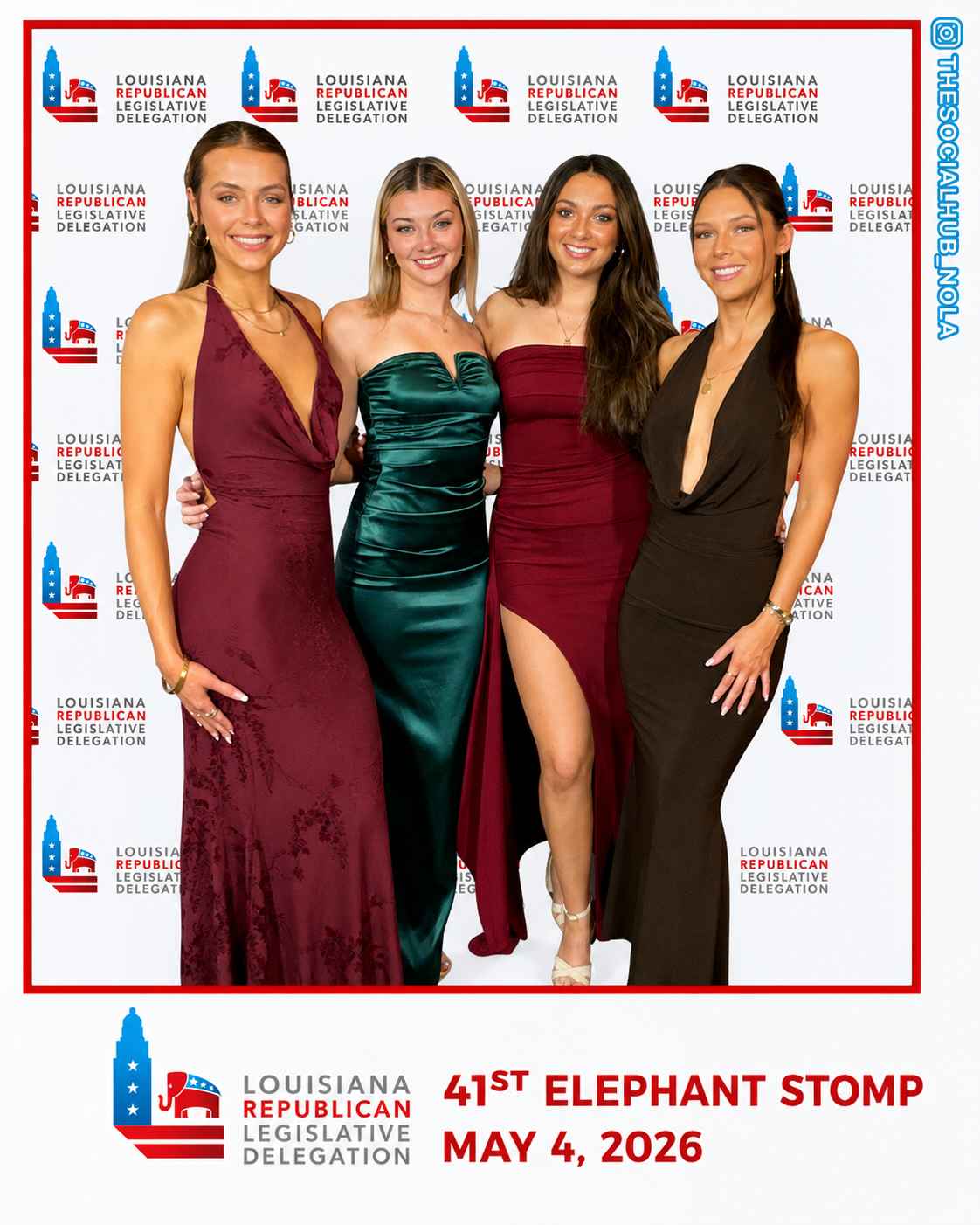 Guests posing at the Louisiana Republican Legislative Delegation’s annual evening reception using The Social Hub Nola’s branded photo experience.