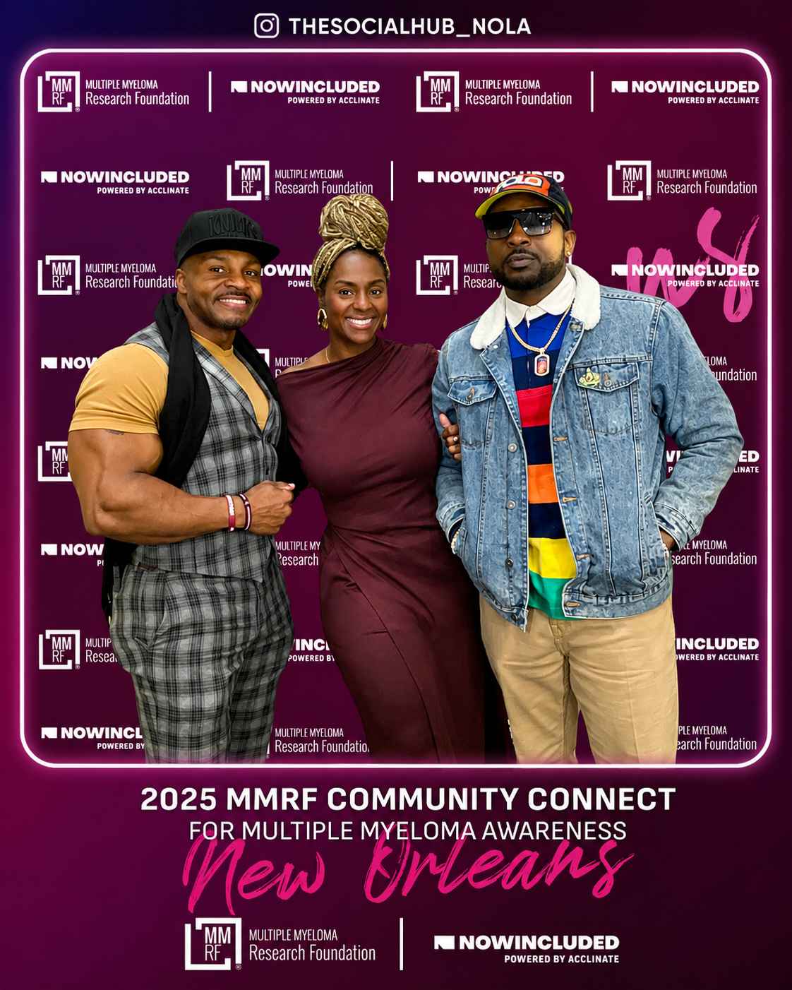 Guests posing during the Multiple Myeloma Research Foundation Community Connect event with a branded photo experience by The Social Hub Nola.