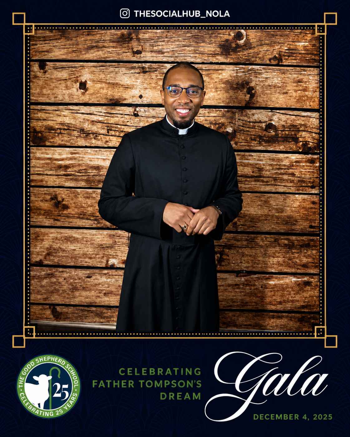 Guest posing during The Good Shepherd School’s 25th Anniversary Gala with a branded photo experience by The Social Hub Nola.