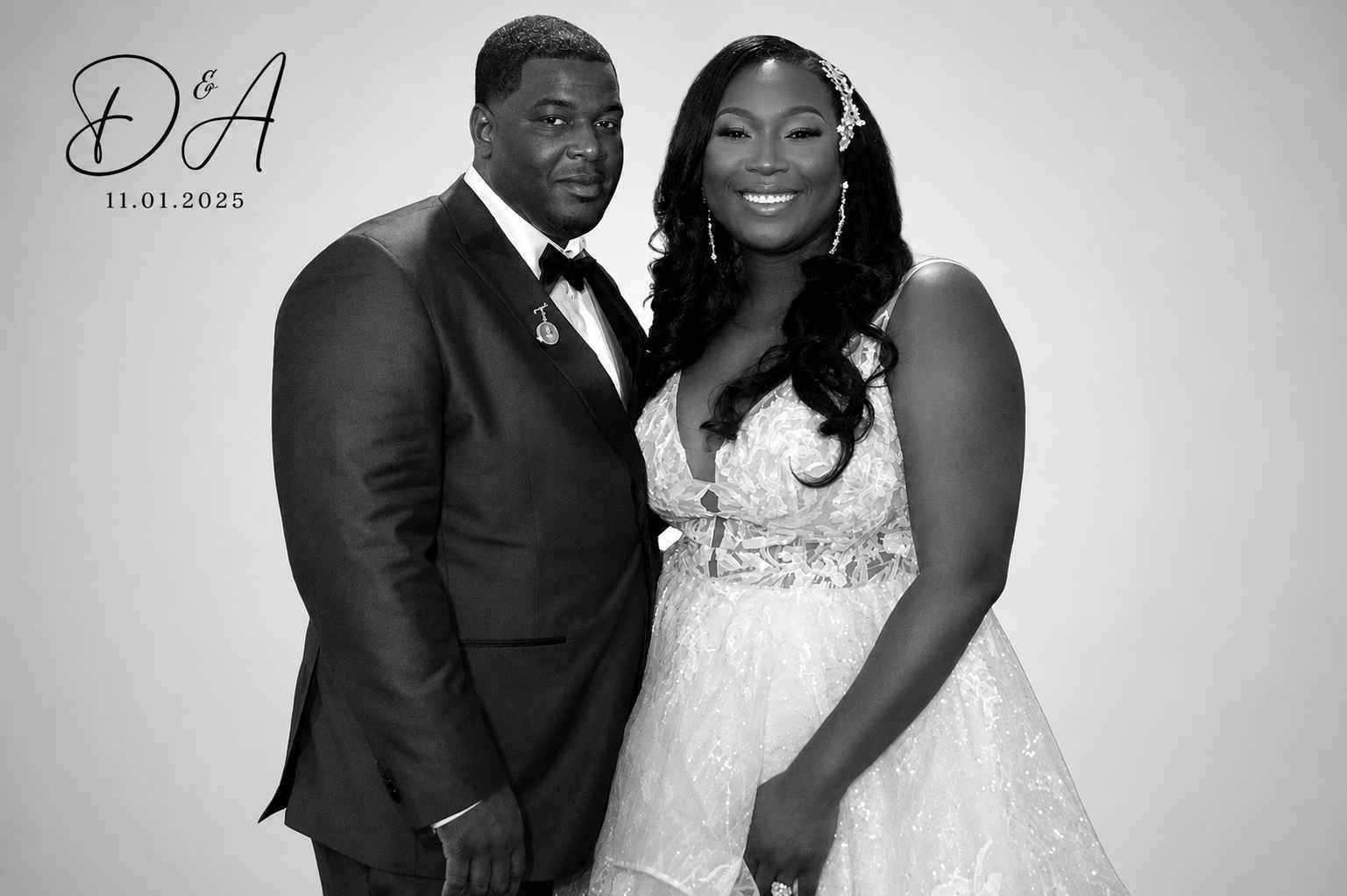 Bride and groom posing for an elegant black-and-white portrait using The Social Hub Nola’s signature Kardashian Filter.